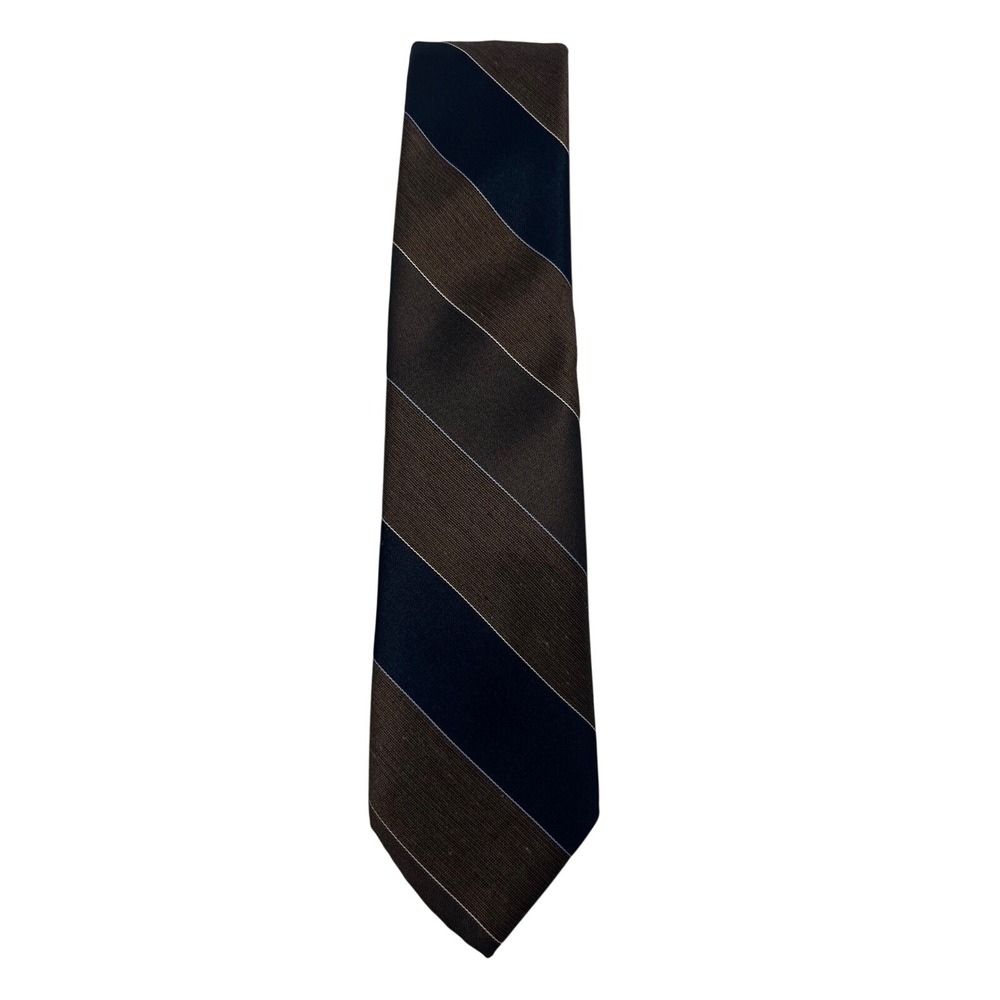 Vintage Mervyns Mens Collection Necktie Brown Navy‎ Stripe Polyester Silk Blend